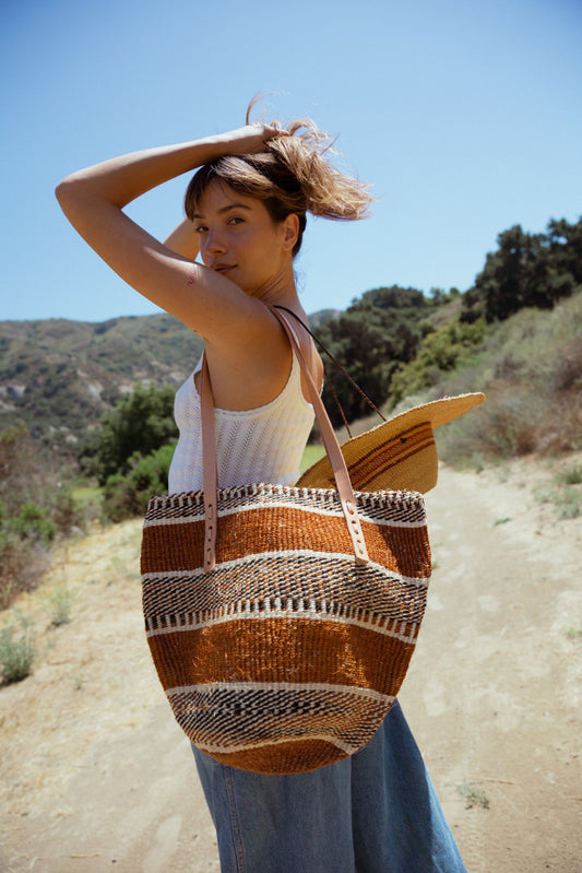 Dark Peach Striped Sisal Basket Bag