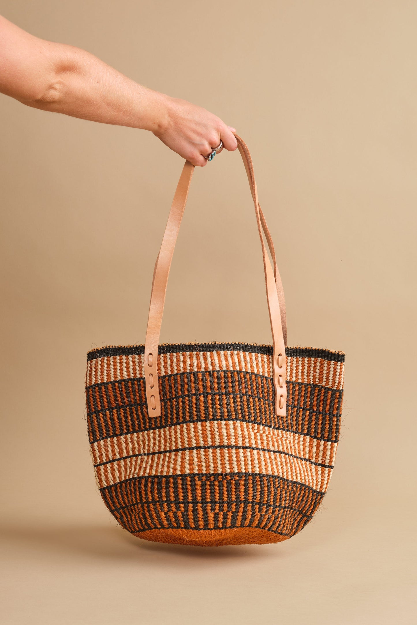 Medium Brown Stripes Sisal Basket Bag