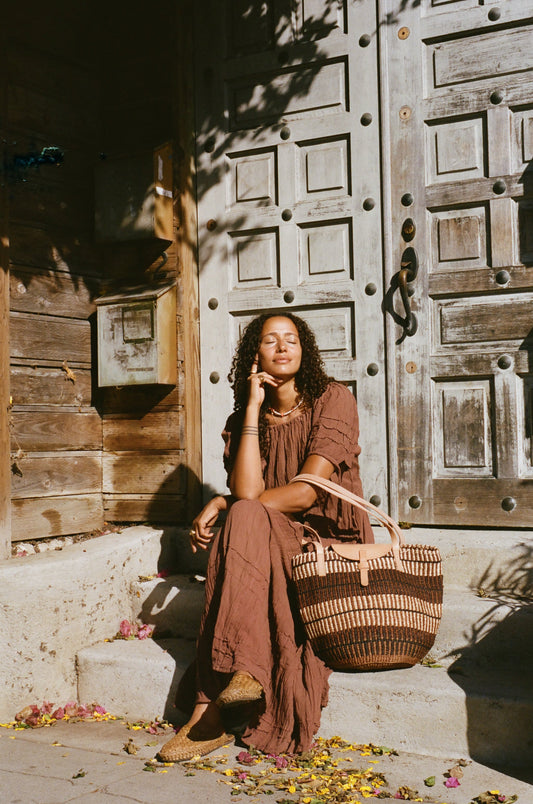 Brown Stripes Sisal Basket Bag with Flap