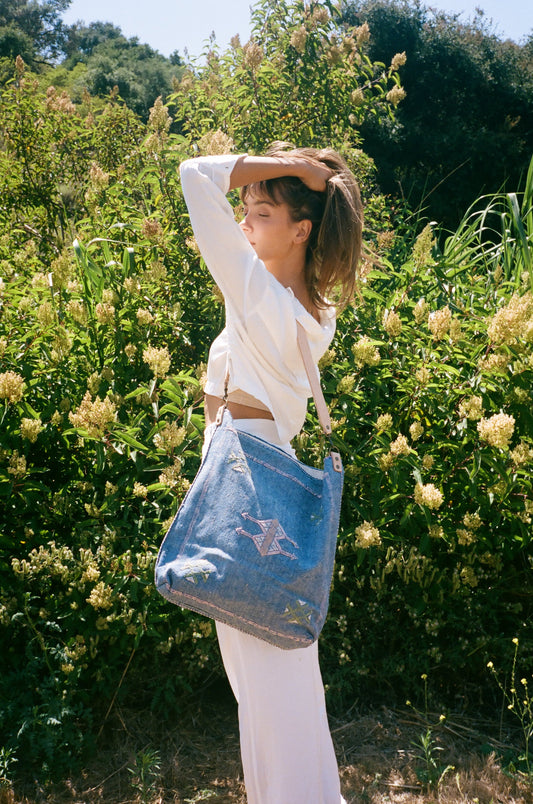 Blue & Pink Motif Moroccan Cactus Silk Tote