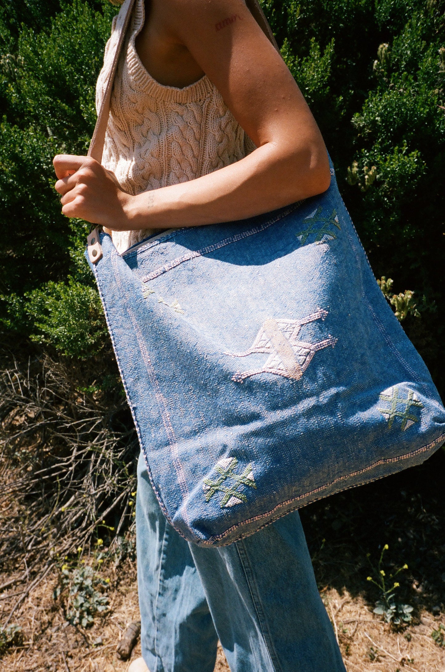 Blue & Pink Motif Moroccan Cactus Silk Tote